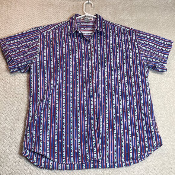 Vintage Cool Blues Blue Red Floral Stripe Print Shirt Womens Large | Cottagecore - Picture 1 of 7
